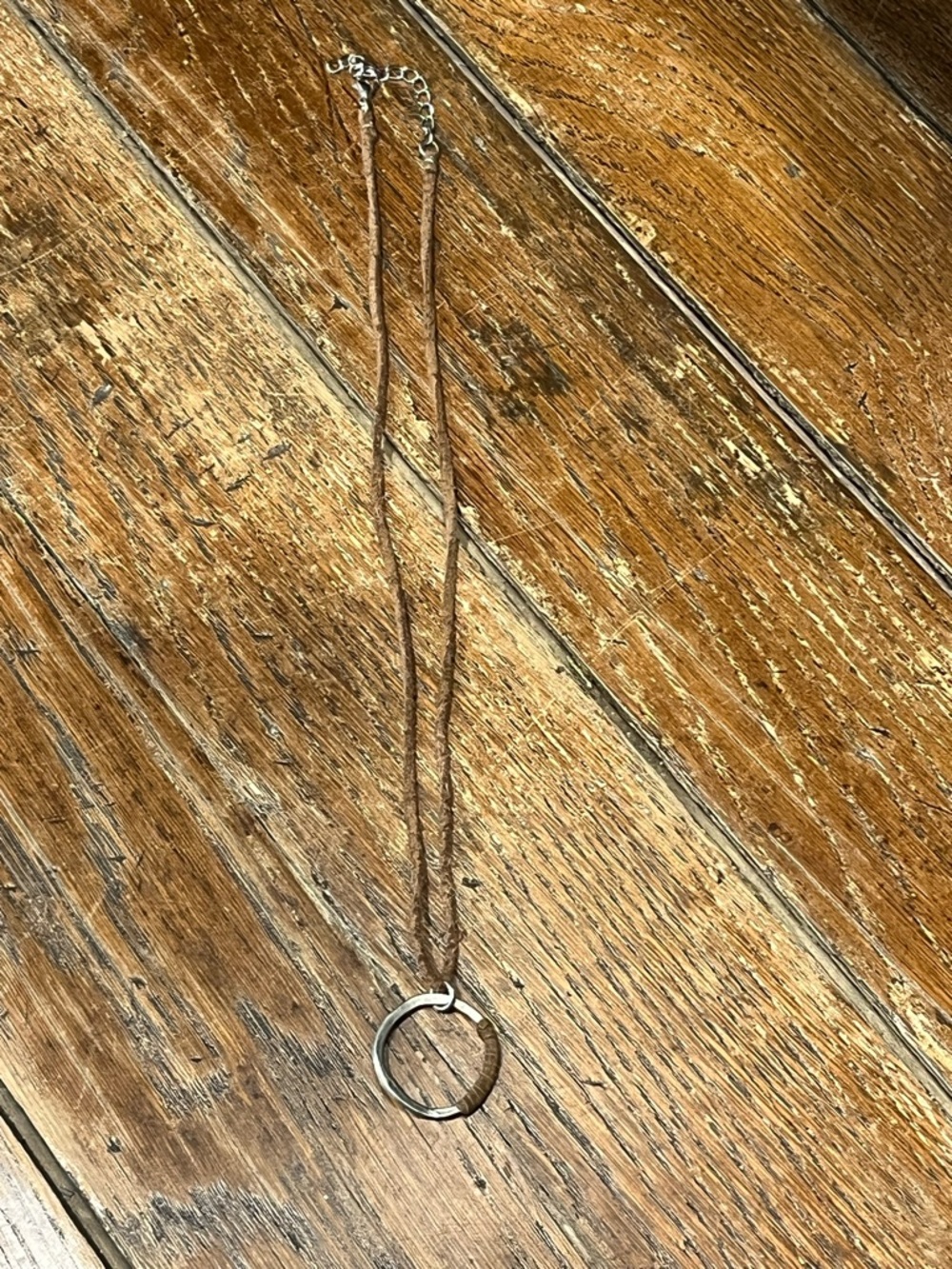 Minimalist Brown Cord Necklace with Silver Ring Pendant